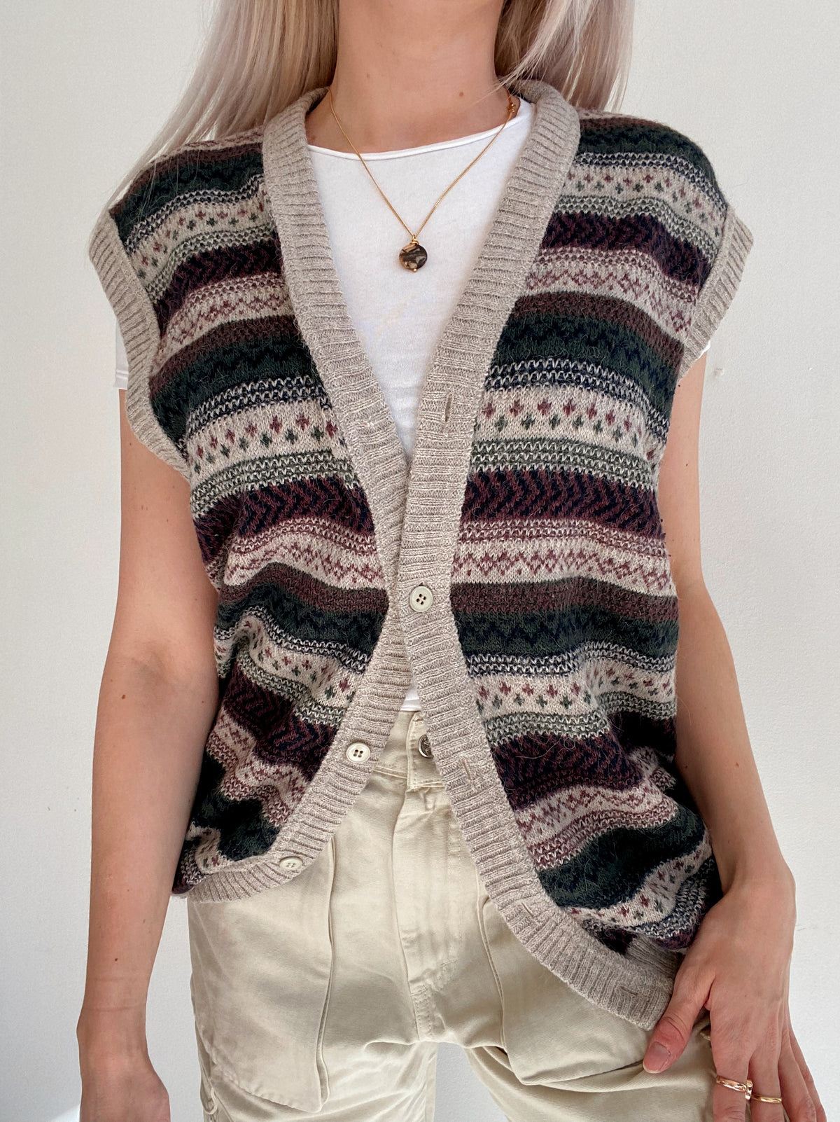 Gilet en laine à boutons beige et khaki  M
