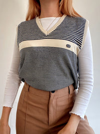 Gilet vintage sans manche bleu et blanc cassé rayé