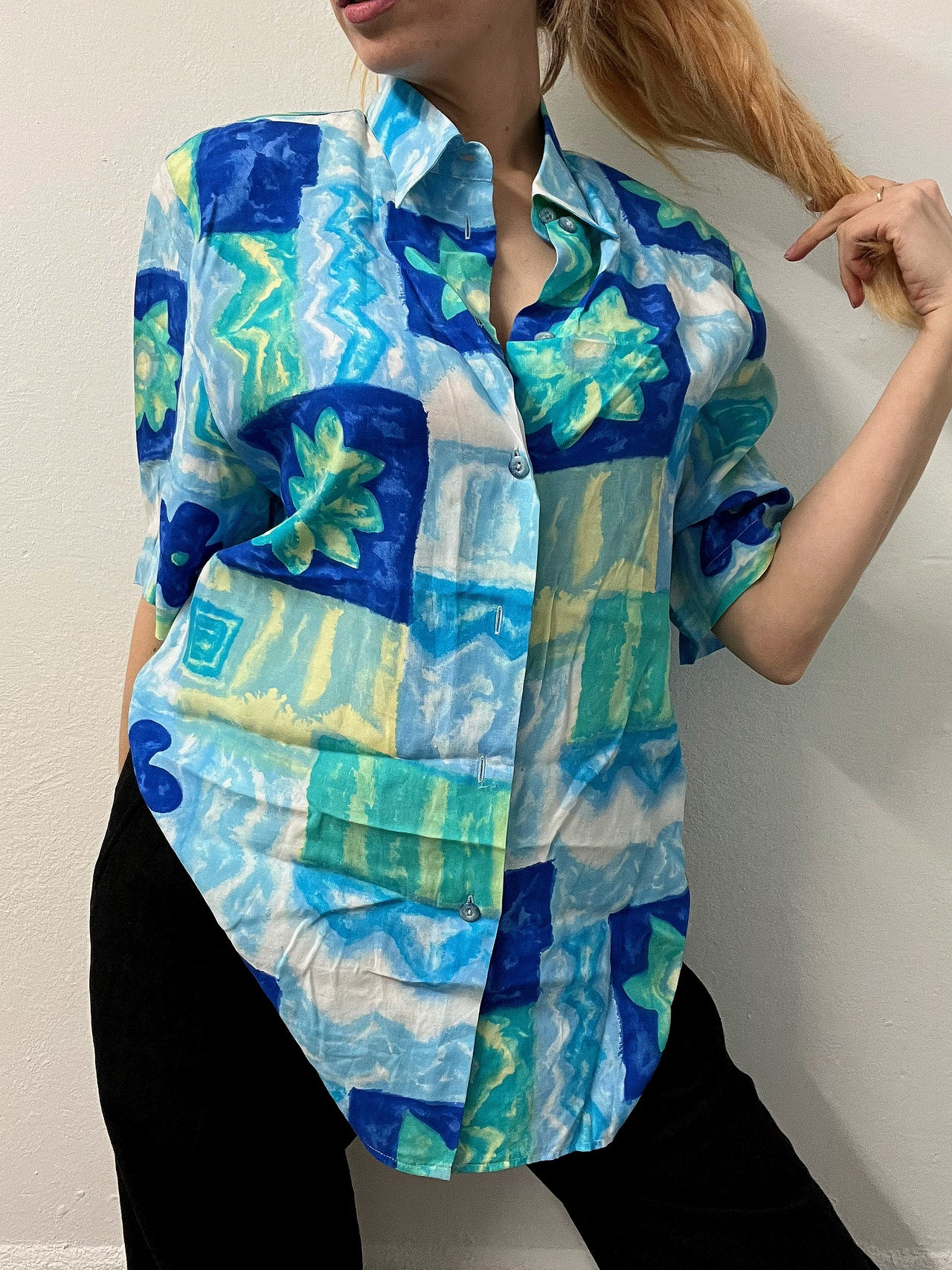 Chemise Vintage 80/90s à motifs turquoise L