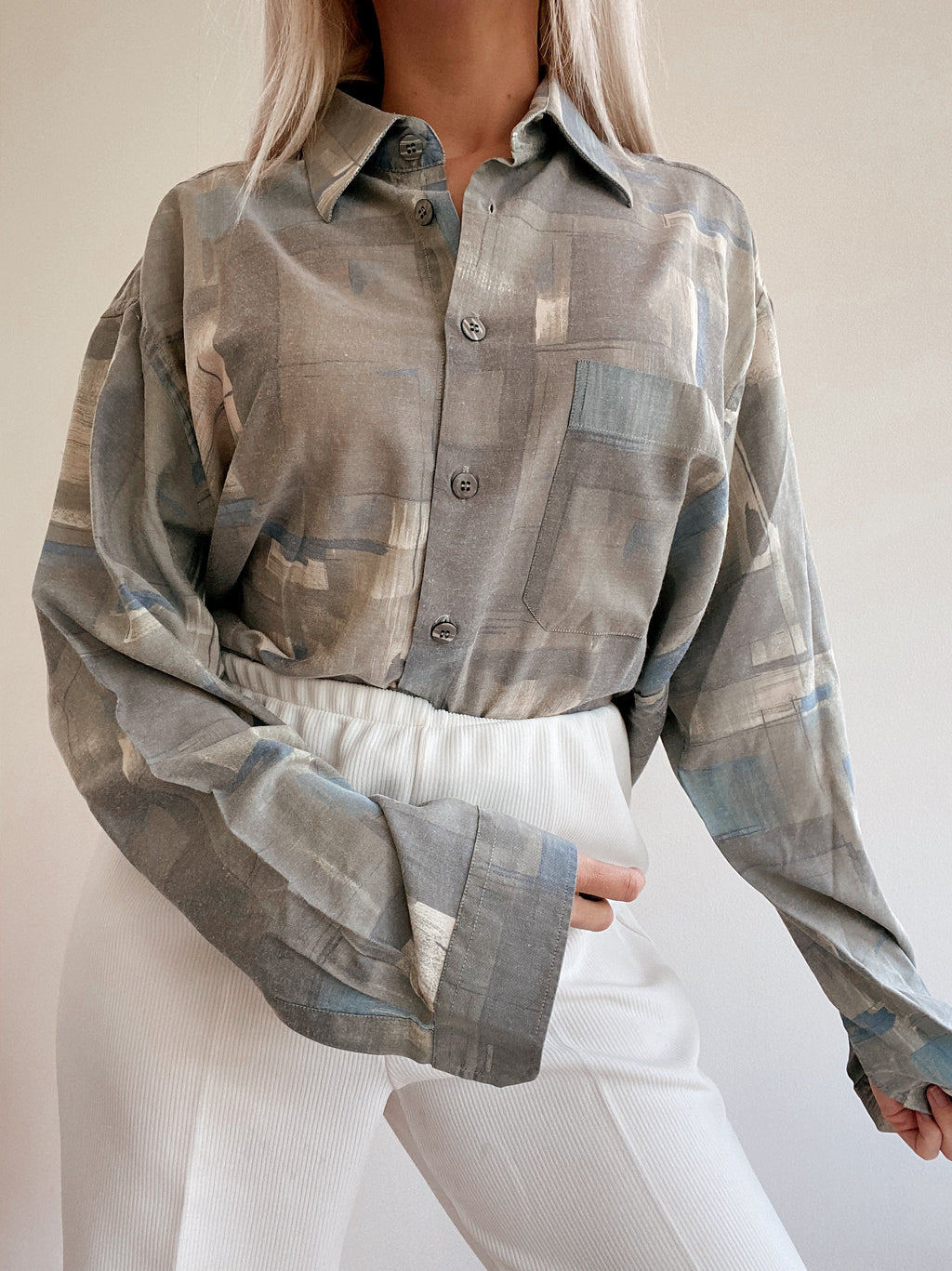 Chemise Vintage 80/90s beige/grise à motifs