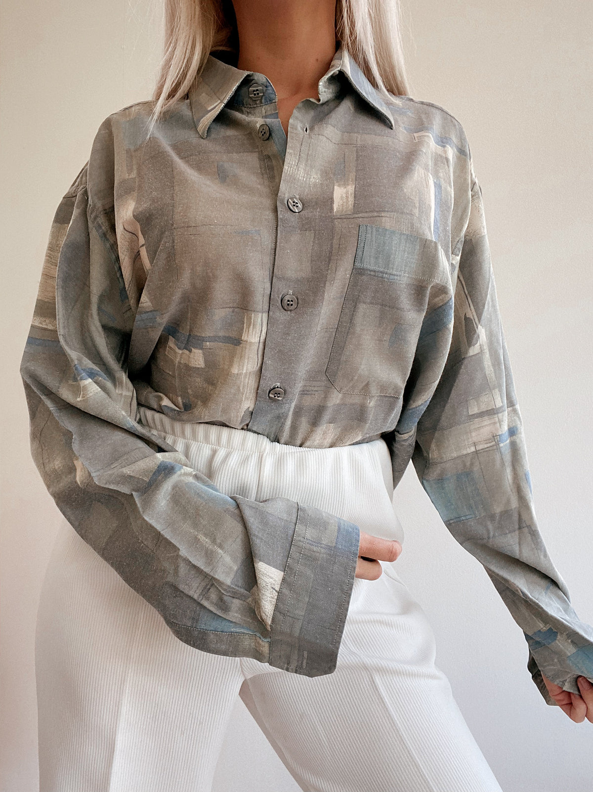 Chemise Vintage 80/90s beige/grise à motifs