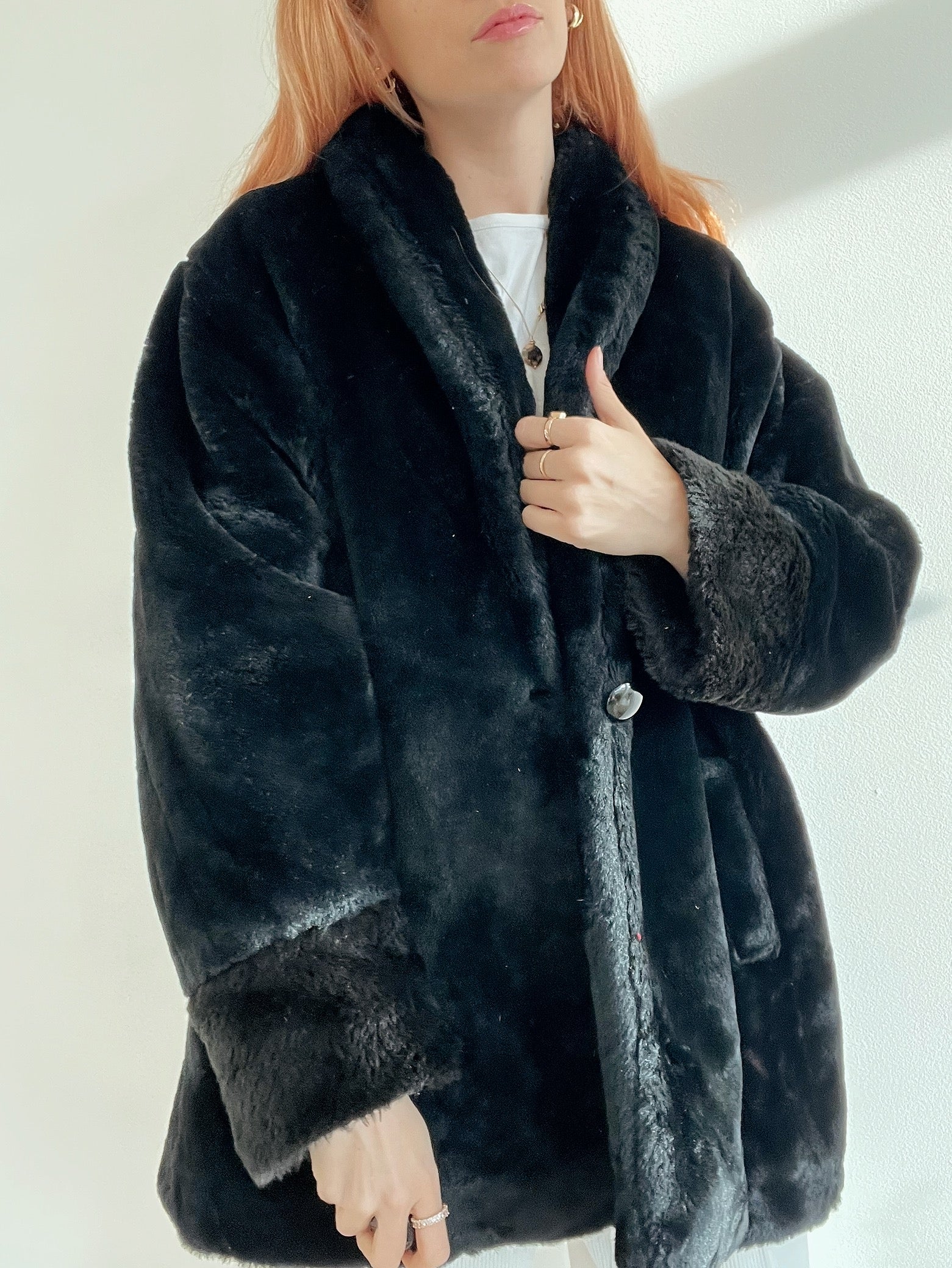 Veste vintage noire en fausse fourrure oversized S