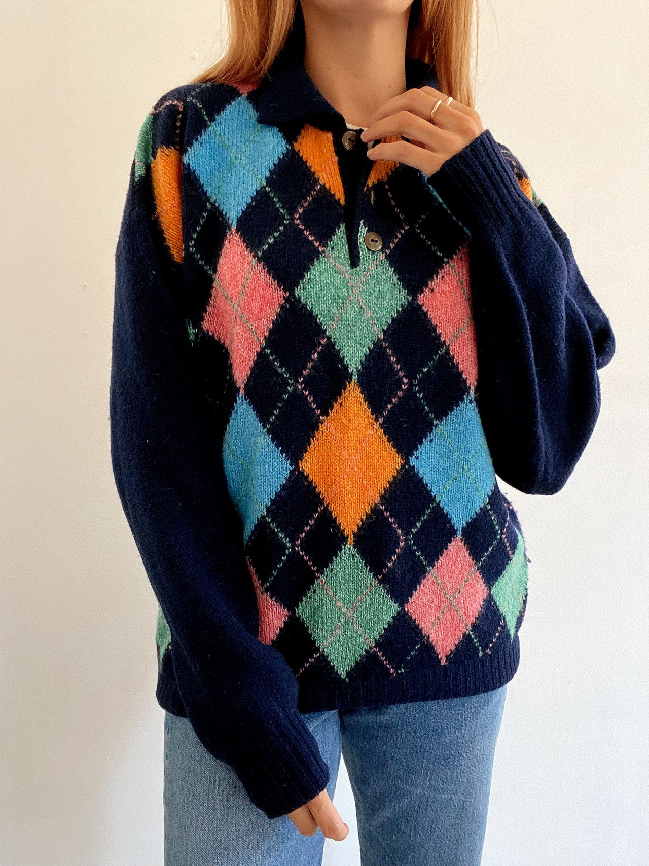 Pull vintage en laine bleu foncé et multicolore