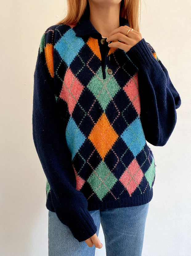Vintage-Pullover aus dunkelblauer und mehrfarbiger Wolle