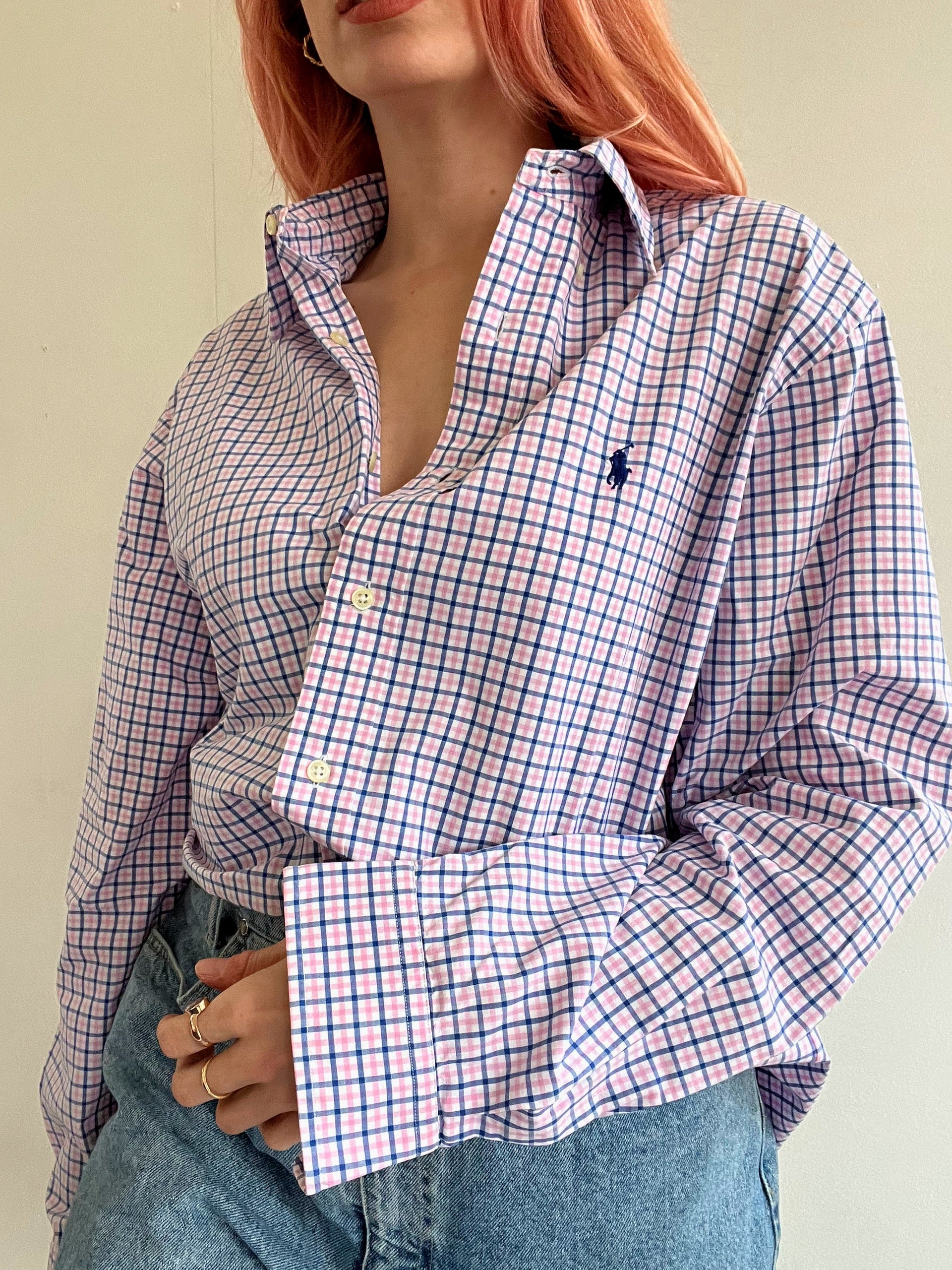 Chemise vintage Ralph Lauren à carreaux bleu et rose L