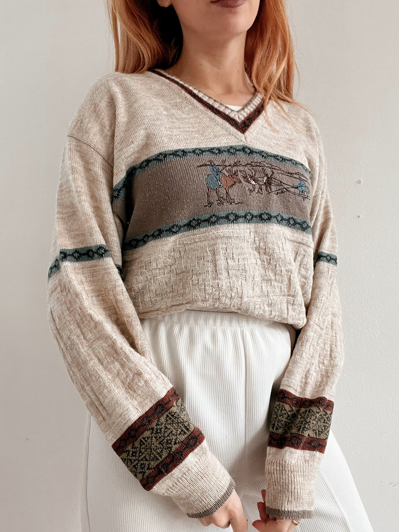 Pull vintage en laine beige à motifs M/L