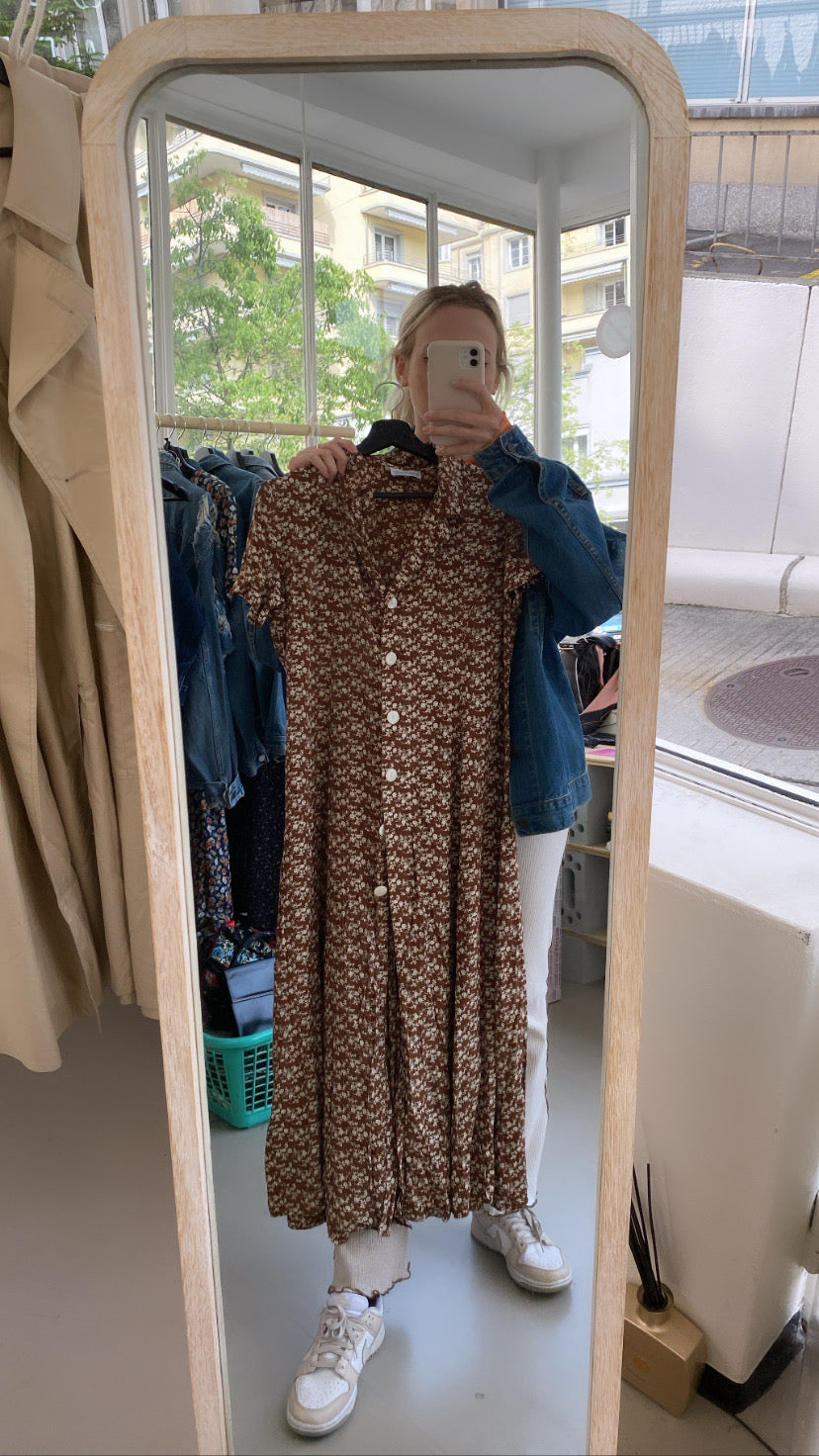 Robe vintage à fleurs marron L