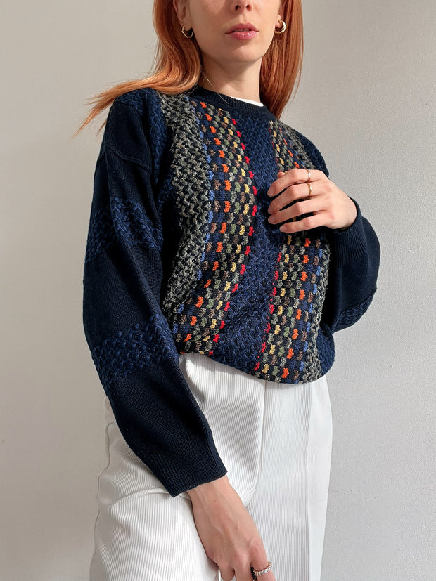 Pull vintage en laine bleu foncé à motifs colorés S/M