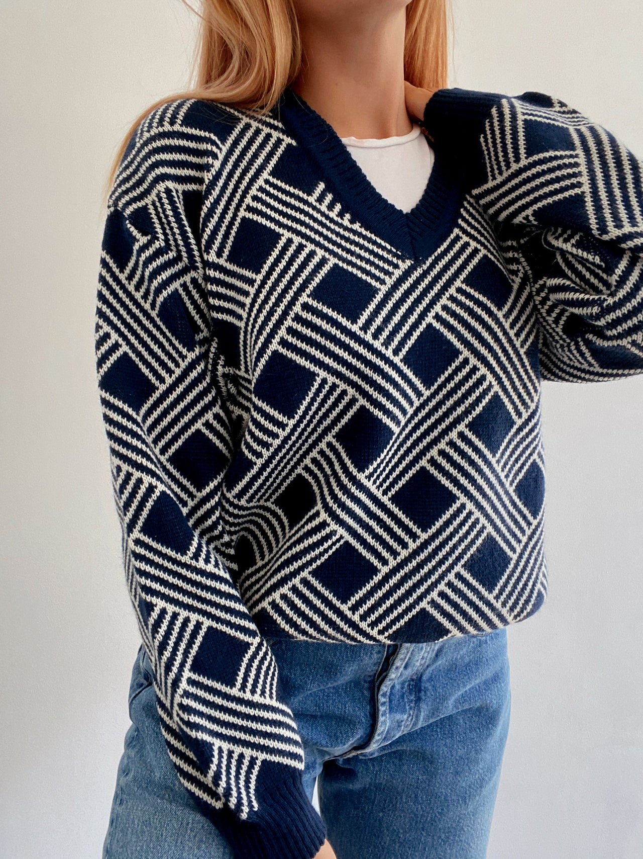 Pull vintage en laine bleu foncé et blanc M