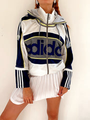 Jacket vintage à capuche bleue et blanche Adidas M