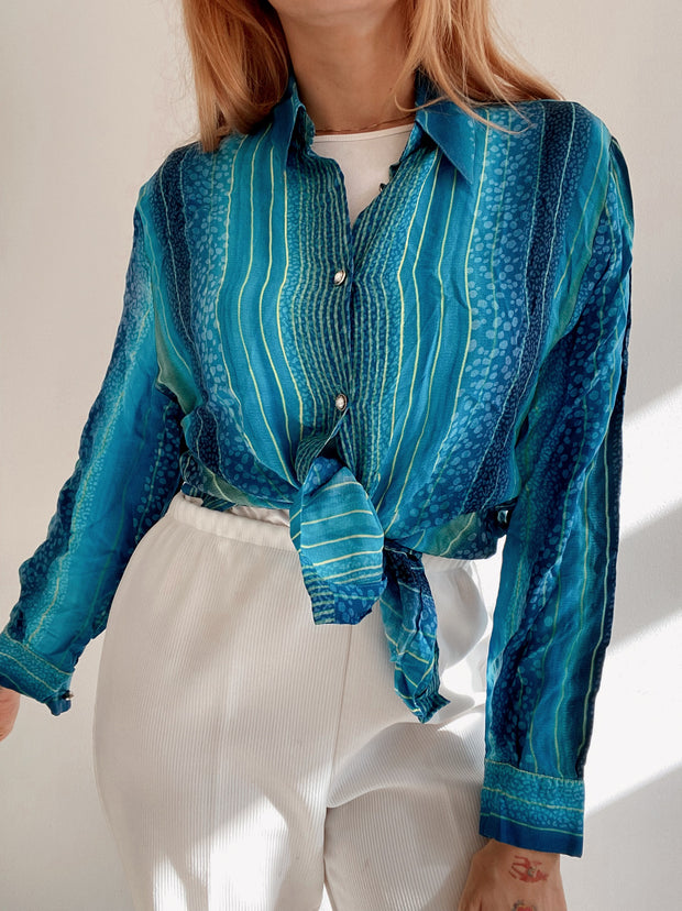 Chemise Vintage 80/90s bleue et turquoise à motifs