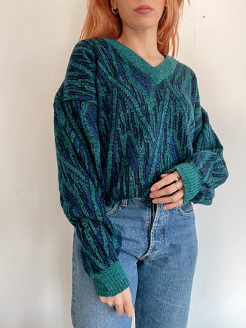 Pull vintage en laine bleu foncé et vert XL