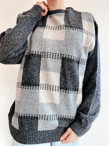 Blue knit turtleneck sweater with beige patterns M