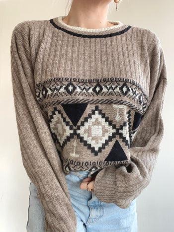 Pull vintage en laine beige à motifs