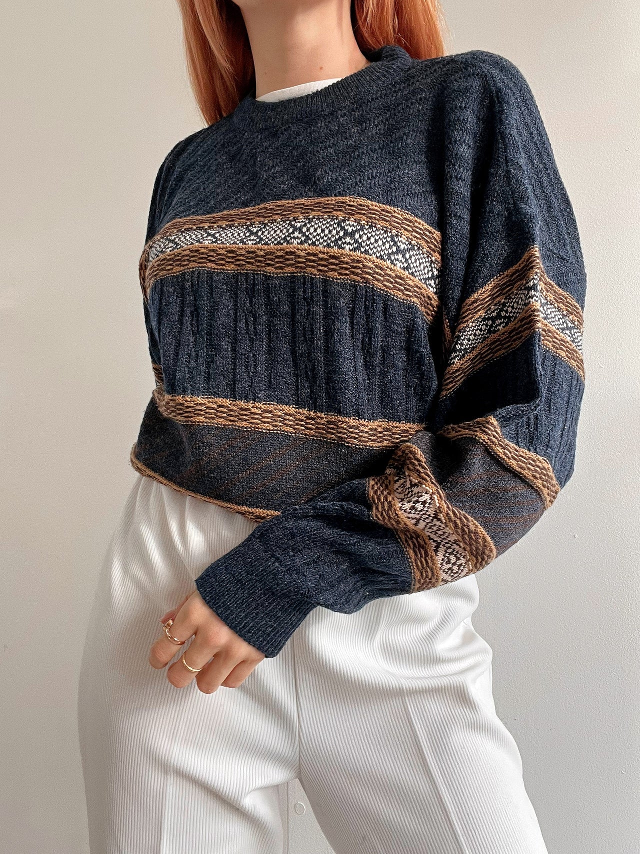 Pull vintage en laine gris et beige  M