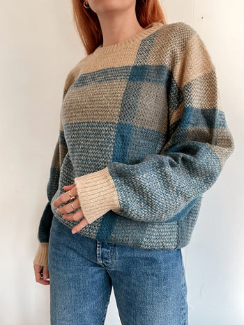 Vintage beige und hellblauer Wollpullover M/L