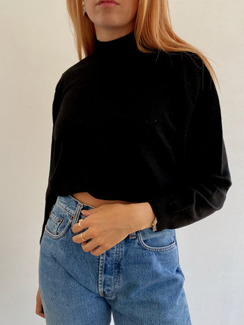 Pull vintage col roulé en laine noir XL